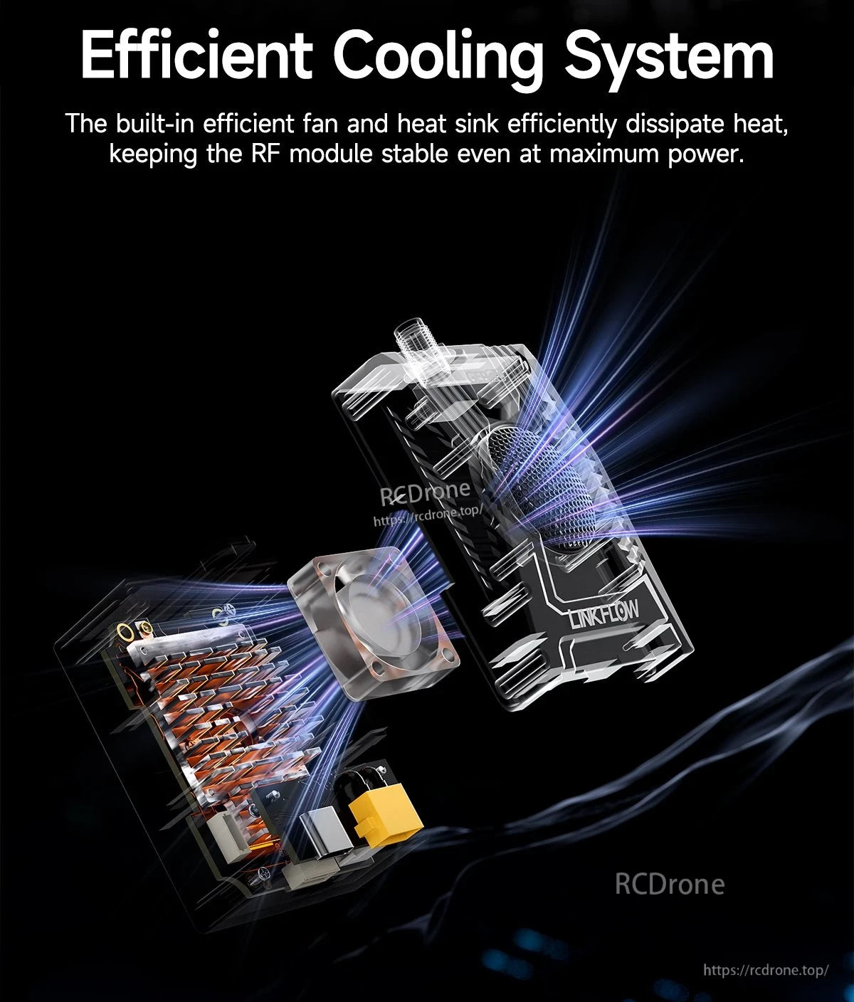 Exploded view of GEPRC LINKFLOW ExpressLRS TX module showing built-in fan and heatsink cooling design