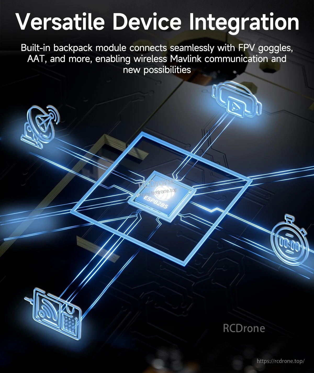Graphic showing an ESP8285-based backpack module concept for wireless device integration and MAVLink communication