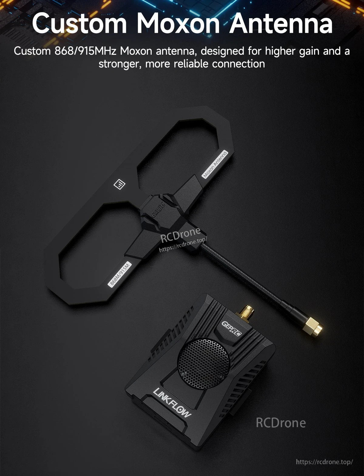 GEPRC LINKFLOW ExpressLRS 868/915MHz TX module with cooling fan grille and custom Moxon antenna with SMA lead