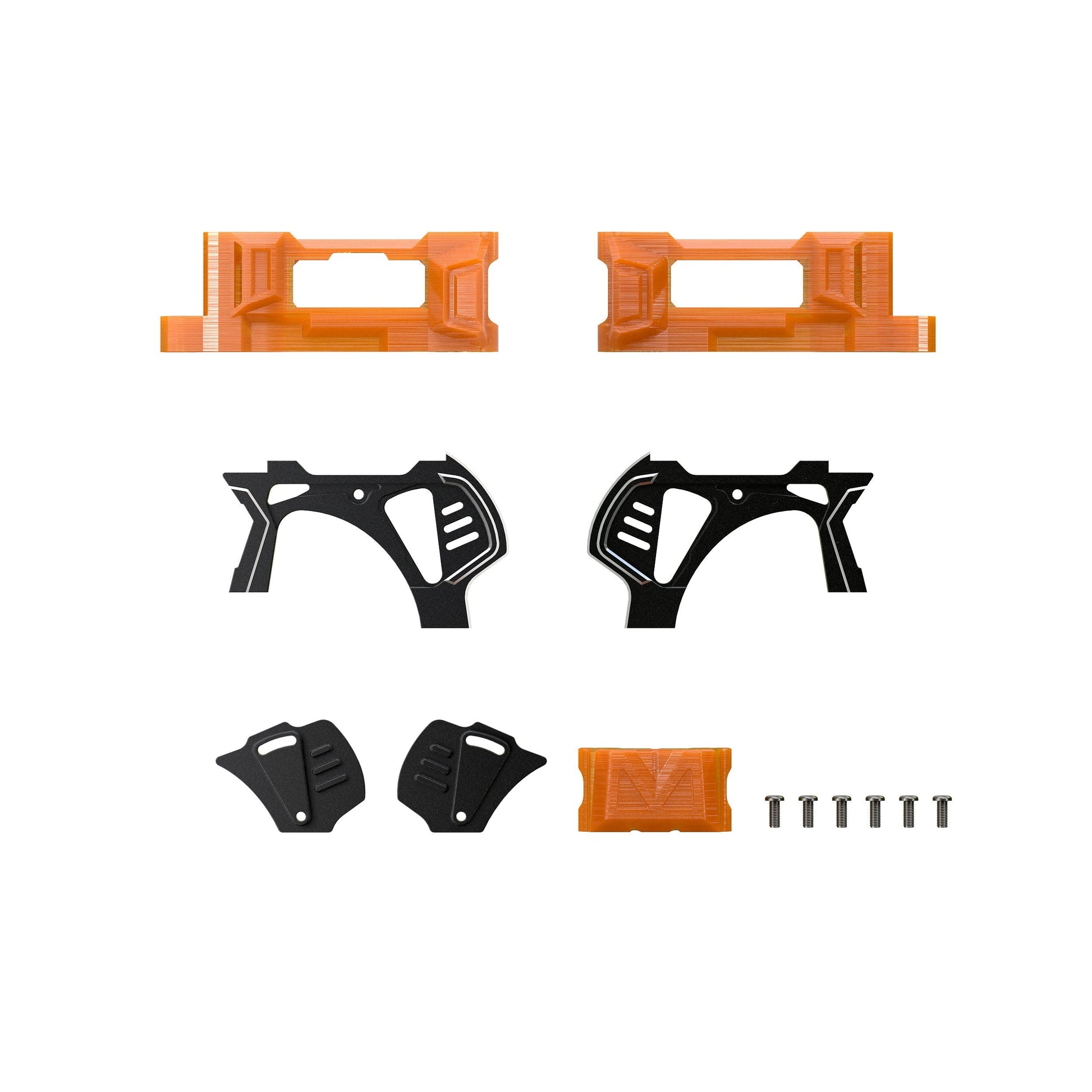 GEPRC MARK5 O4 Pro upgrade kit parts with orange 3D-printed mounts, black plates, and mounting screws