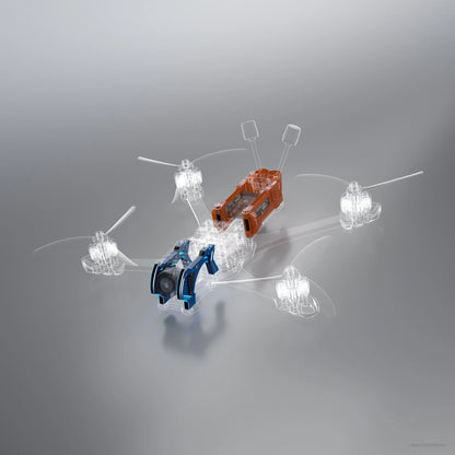 3D render of GEPRC MARK5 O4 Pro upgrade kit installed on a MARK5 frame, with blue camera mount and orange rear module