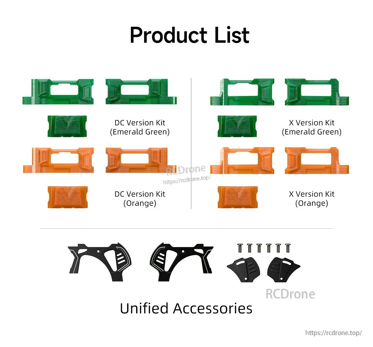 GEPRC MARK5 O4 Pro upgrade kit parts for DC and X frames, with green/orange mounts, plates, screws