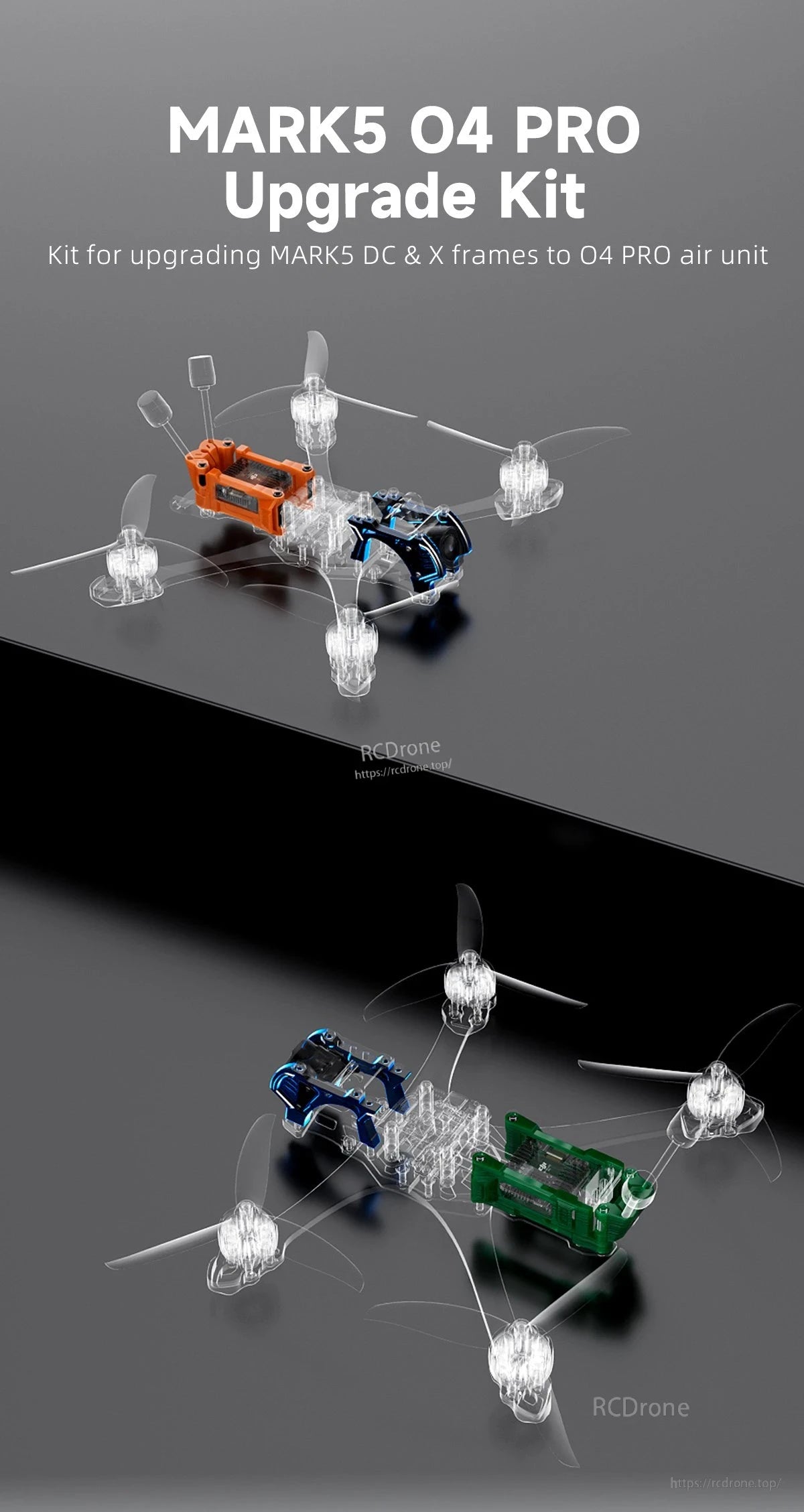 GEPRC MARK5 O4 Pro upgrade kit graphic showing MARK5 DC/X frame conversion parts and mounting layout
