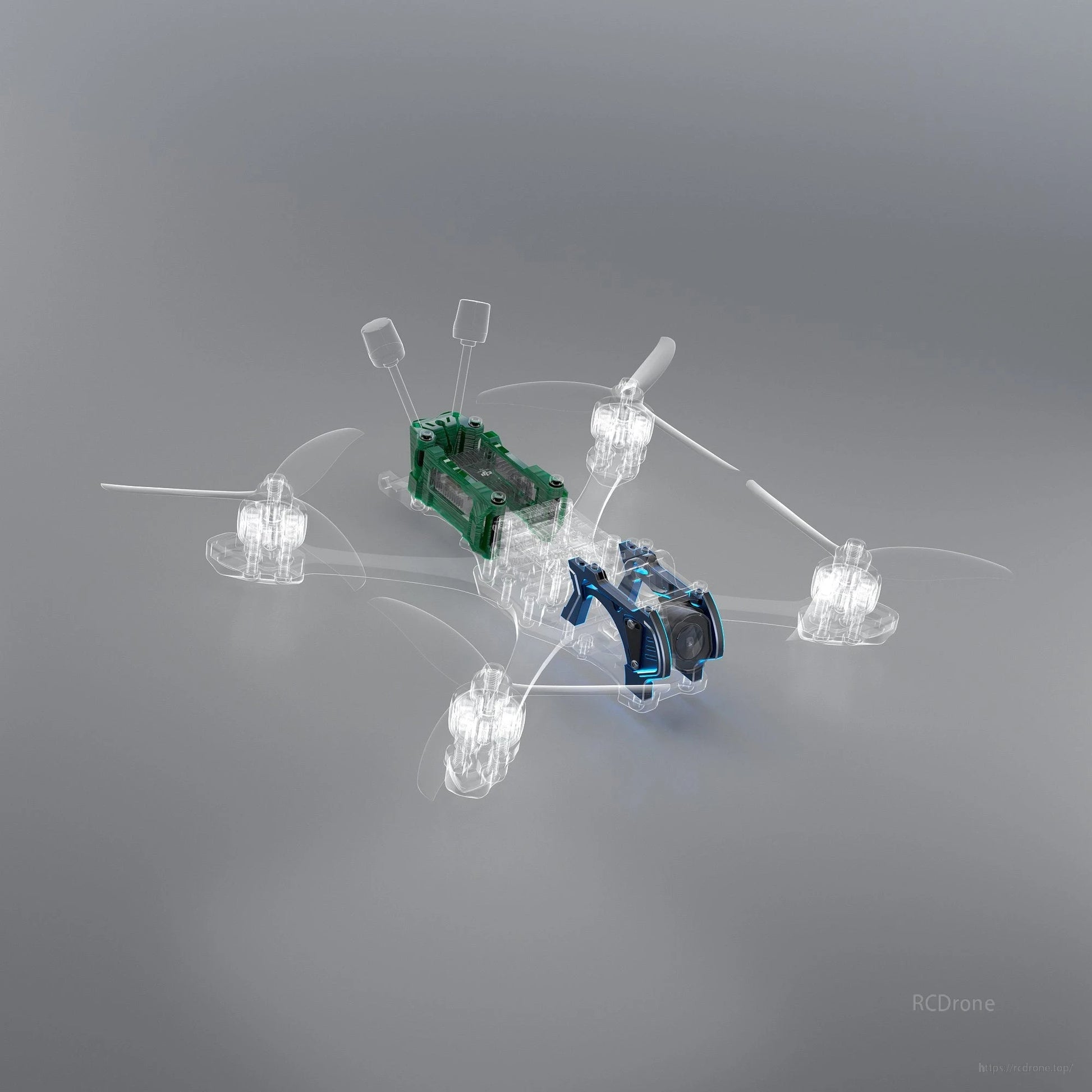 3D render of a GEPRC MARK5 upgrade kit installed on a quadcopter frame, with front camera module and antennas