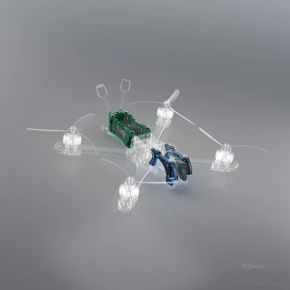 3D render of a GEPRC MARK5 upgrade kit installed on a quadcopter frame, with front camera module and antennas