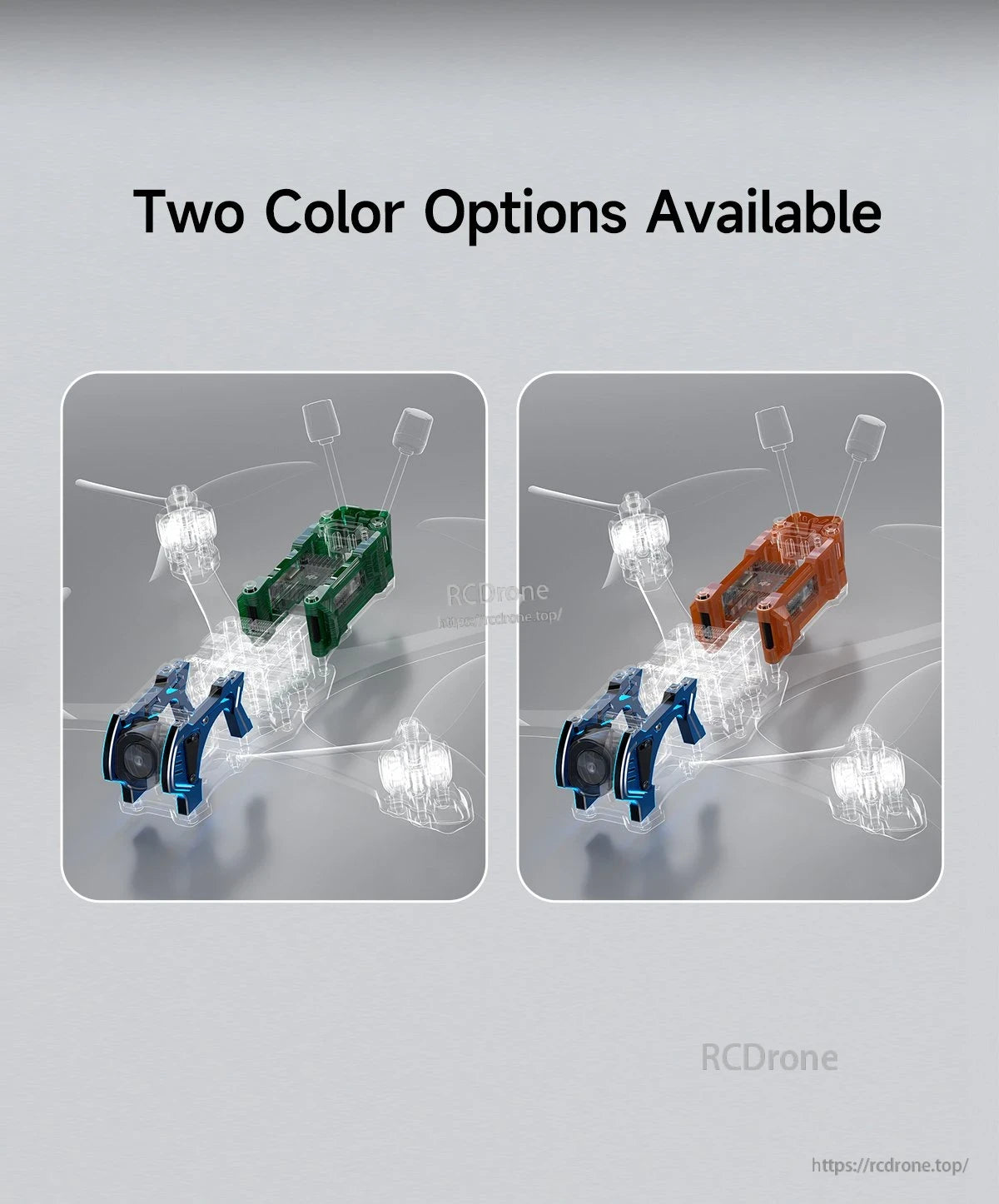GEPRC MARK5 O4 Pro upgrade kit parts in green or orange installed on a MARK5 DC/X FPV frame render