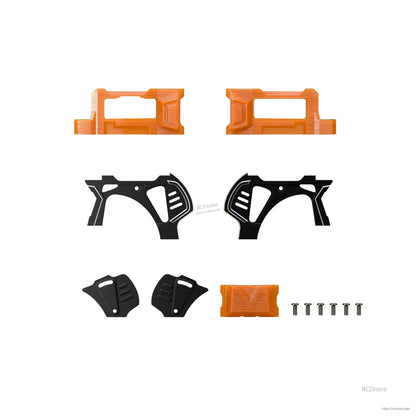 GEPRC MARK5 O4 Pro upgrade kit parts with orange 3D-printed mounts, black side plates, and screws