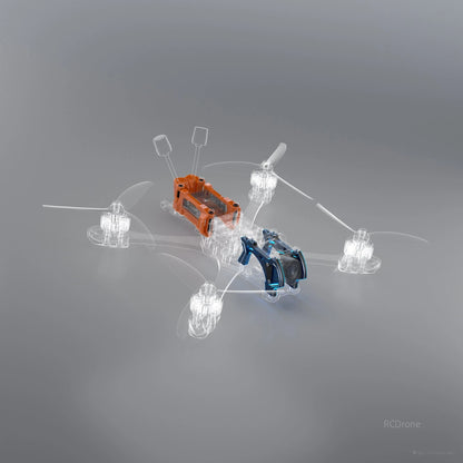 GEPRC MARK5 upgrade kit components on a transparent quad frame, with blue front camera mount and orange rear module
