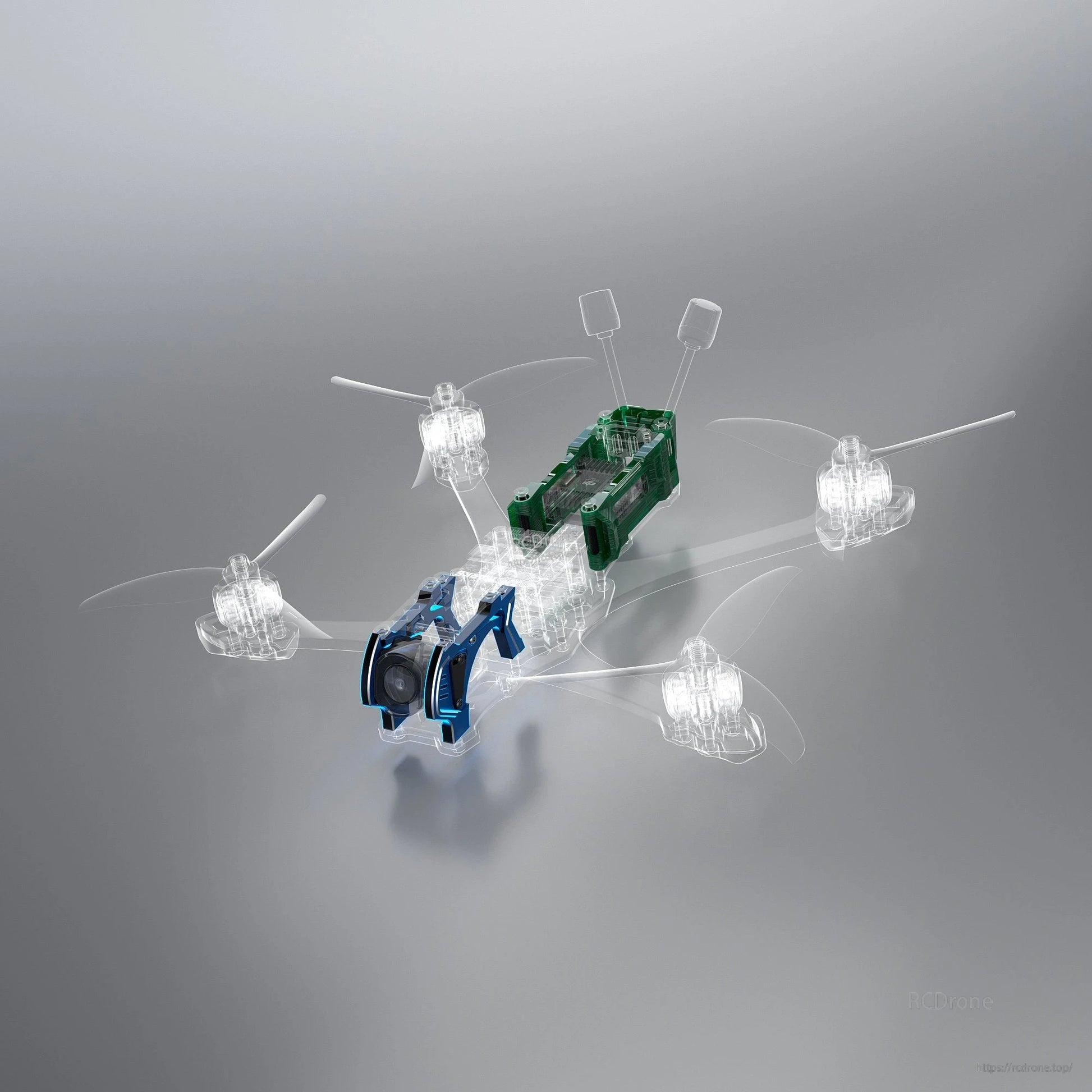 3D render of a GEPRC MARK5 frame with blue front camera mount and rear electronics module with dual antennas