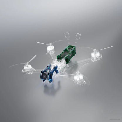 3D render of a GEPRC MARK5 frame with blue front camera mount and rear electronics module with dual antennas