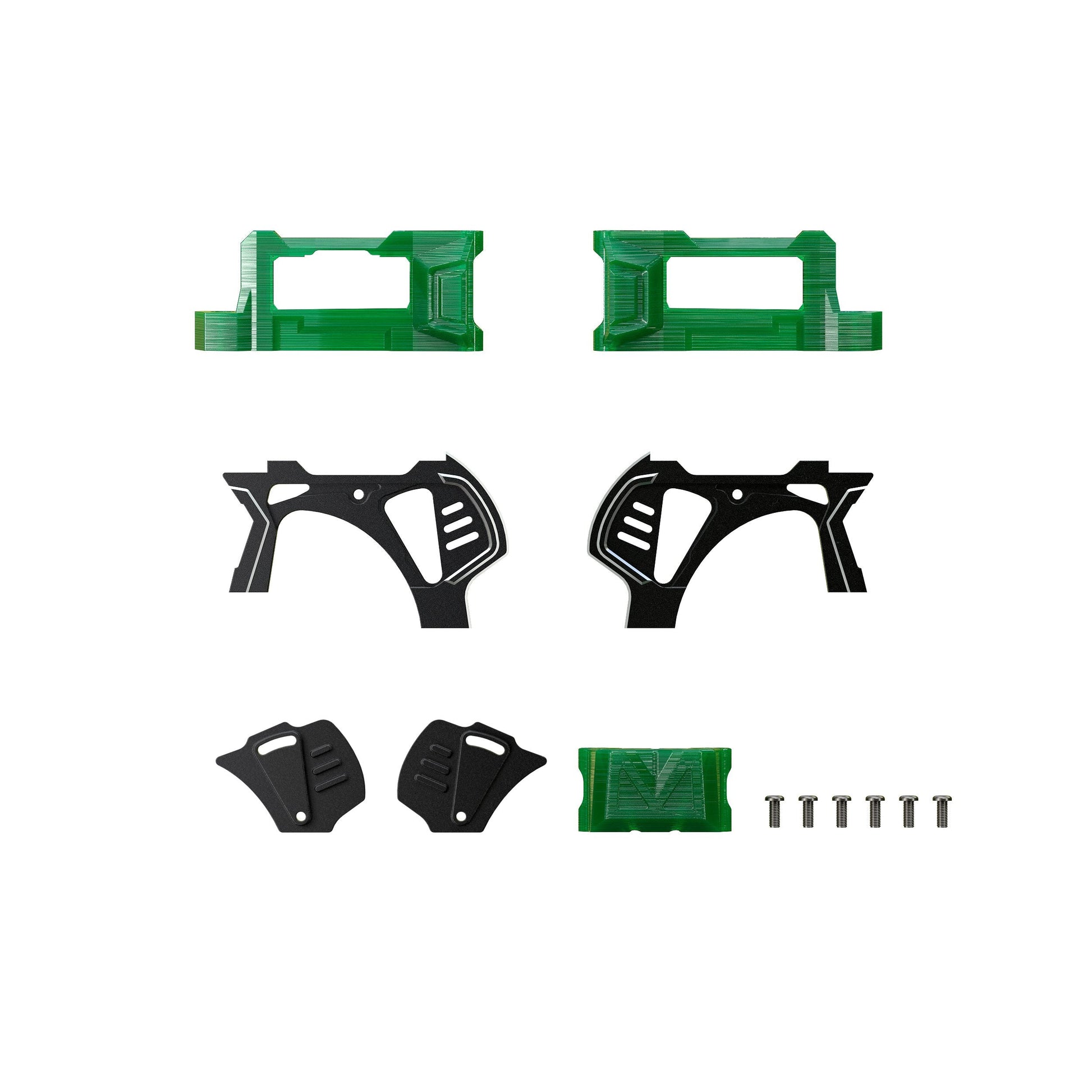 GEPRC MARK5 O4 Pro upgrade kit parts with green 3D-printed mounts, carbon side plates, and screws