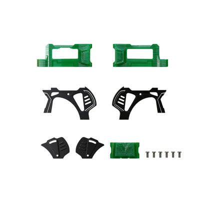 GEPRC MARK5 O4 Pro upgrade kit parts with green 3D-printed mounts, carbon side plates, and screws