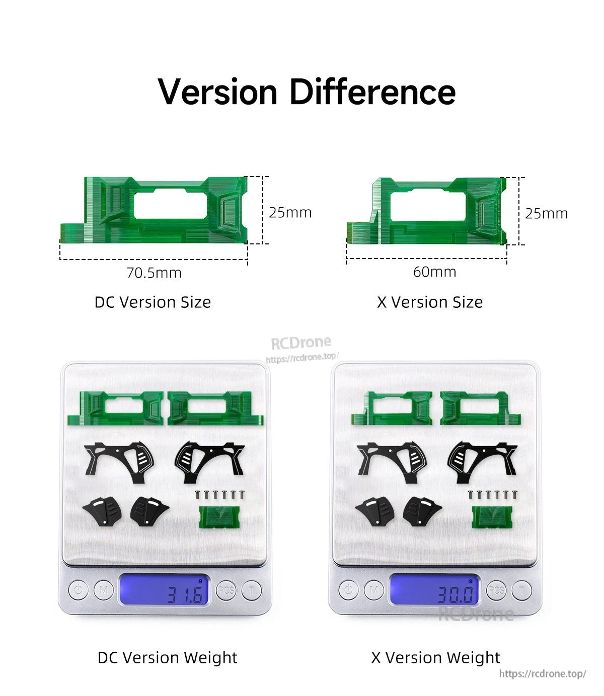 GEPRC MARK5 O4 Pro upgrade kit DC vs X version size and weight comparison, 70.5mm vs 60mm, 31.8g vs 30.0g