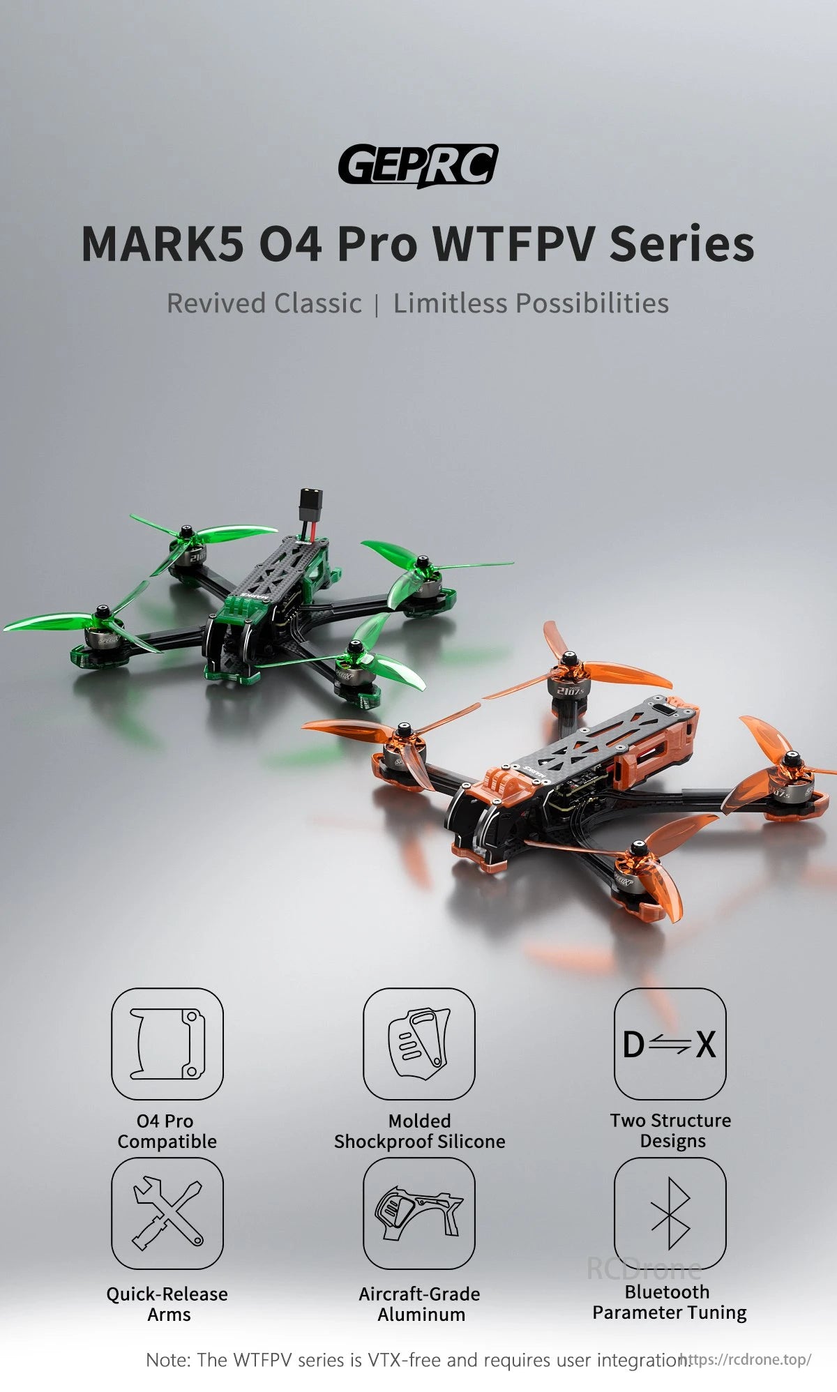 GEPRC MARK5 O4 Pro Wide X WTFPV, Durable X04 Pro Molded Design with quick-release arms for tuning.