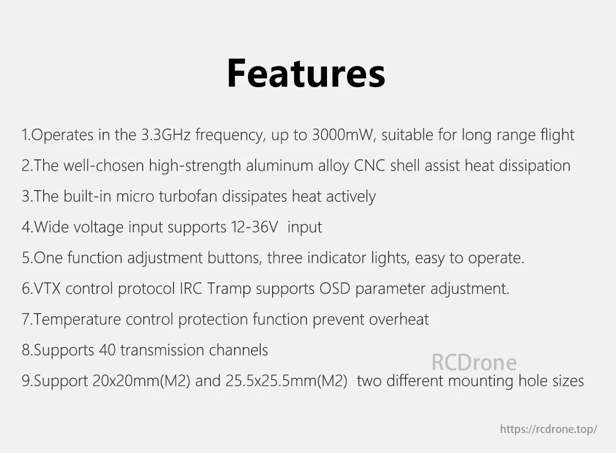 GEPRC MATEN 3.3G 3W 40CH VTX, 3.3GHz, 3000mW VTX for long-range flights with aluminum shell, cooling fan, wide voltage support, IRC Tramp protocol, 40 channels, temperature protection, and versatile mounting options.