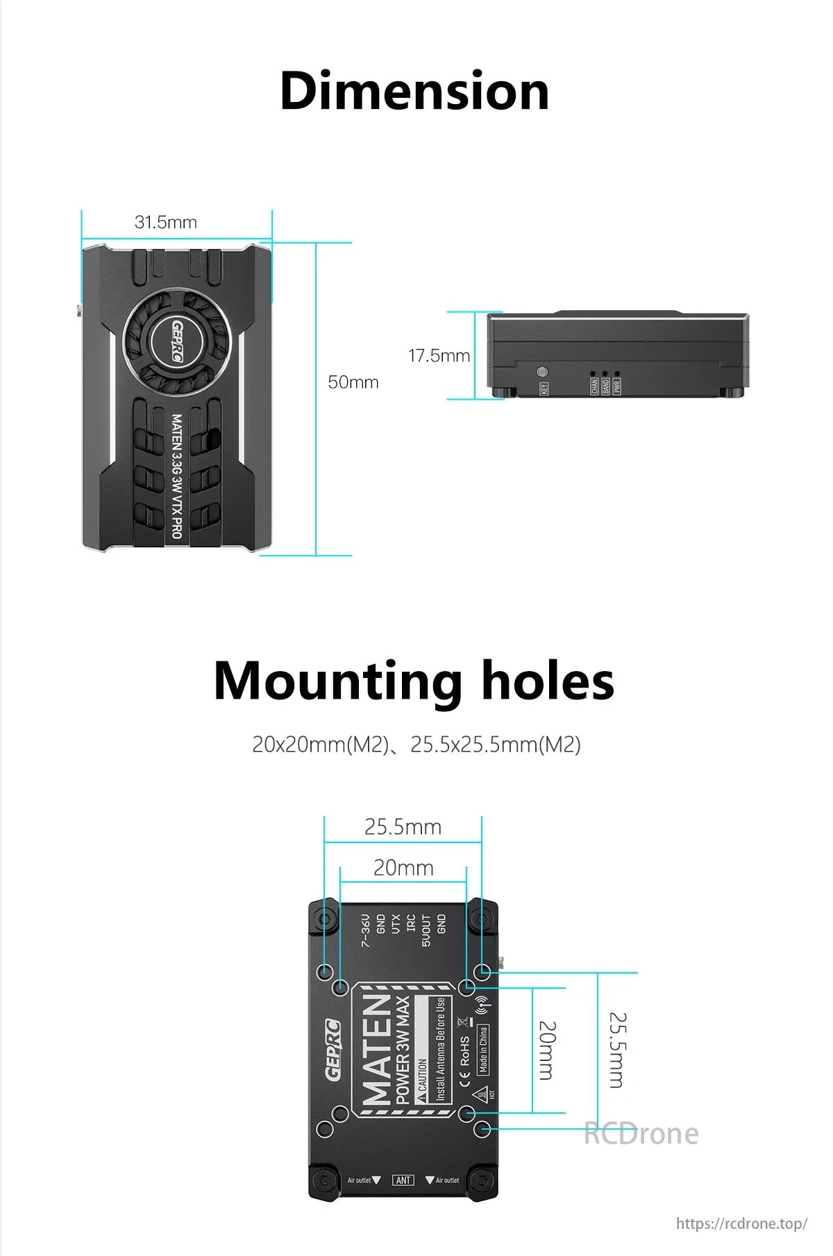 GEPRC MATEN 3.3G 3W 40CH VTX, GEPRC MATEN 3.3G VTX PRO, 50x31.5x17.5mm, 20x20mm & 25.5x25.5mm mounting holes, max 3W power, 40 channels.