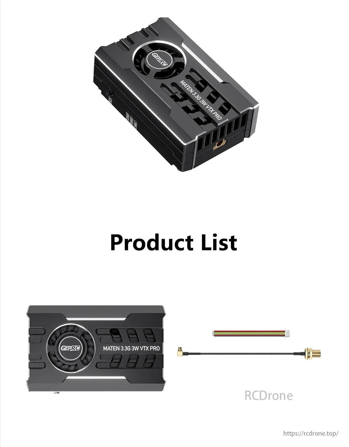 GEPRC MATEN 3.3G 3W 40CH VTX, The VTX has a durable CNC aluminum alloy shell and a micro turbofan that manages heat during high-output operation.