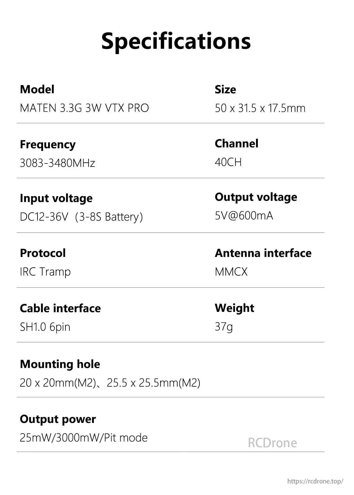 GEPRC MATEN 3.3G 3W 40CH VTX, MATEN 3.3G VTX PRO: Compact, powerful video transmitter with adjustable power, wide frequency range, Tramp protocol, and easy mounting options.