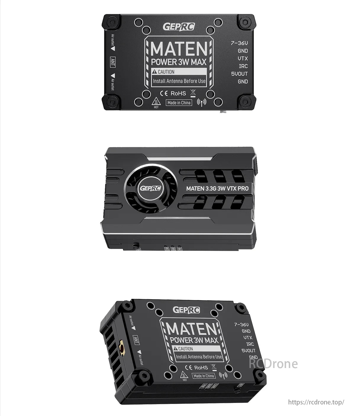 GEPRC MATEN 3.3G 3W 40CH VTX, The GEPRC MATEN 3.3G VTX PRO is a compact, 3W FPV transmitter with a cooling fan, supporting 7-36V input and offering reliable performance across 40 channels for diverse conditions.