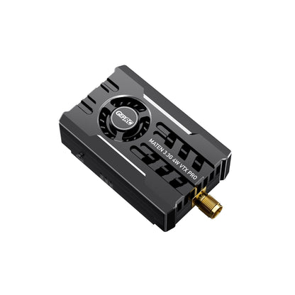 GEPRC MATEN 3.3G 4W VTX Pro video transmitter with cooling fan, finned aluminum case, and SMA antenna connector