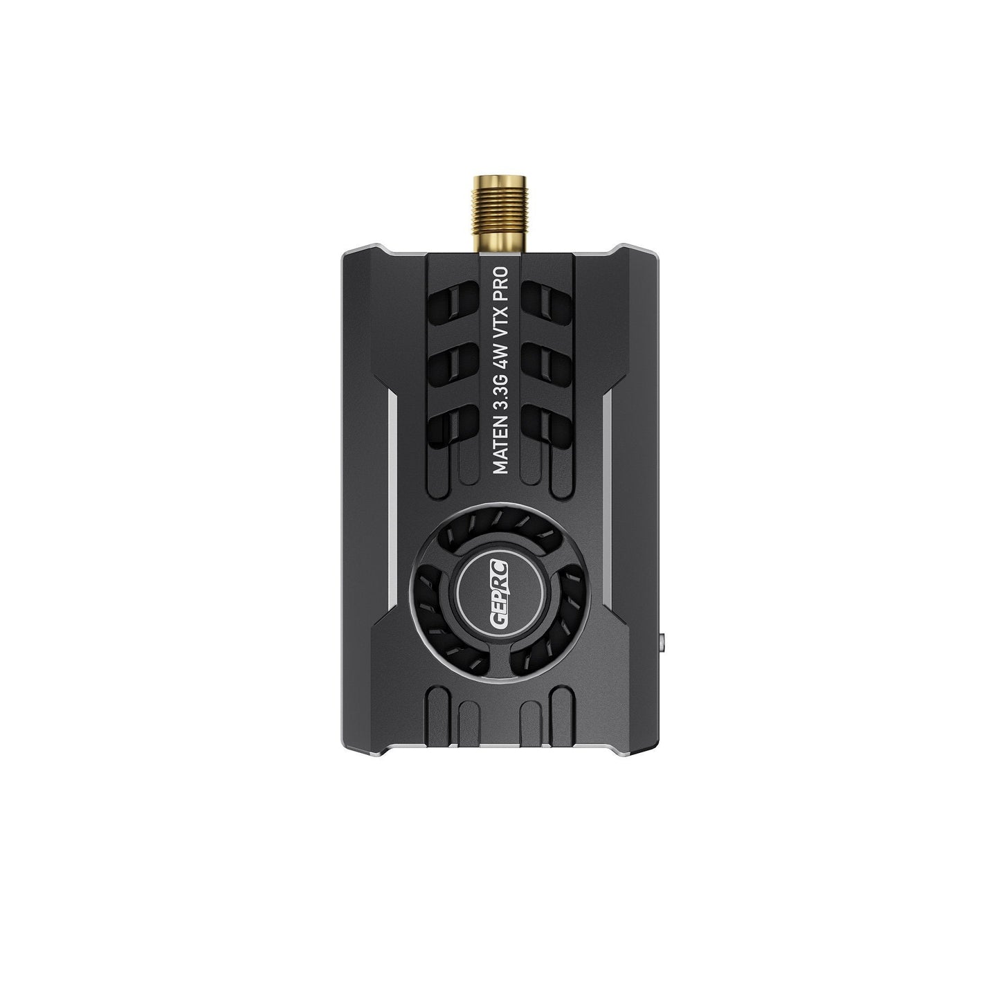 GEPRC MATEN 3.3G 4W VTX Pro with metal case, built-in cooling fan, and top-mounted SMA antenna connector