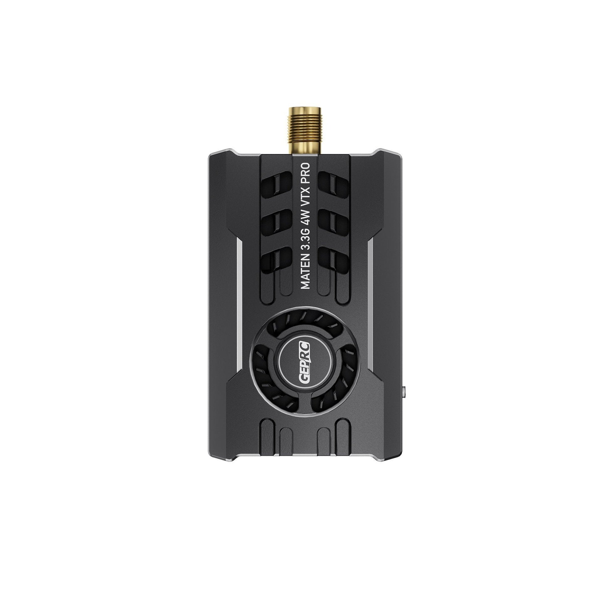 GEPRC MATEN 3.3G 4W VTX Pro with metal case, built-in cooling fan, and top-mounted SMA antenna connector