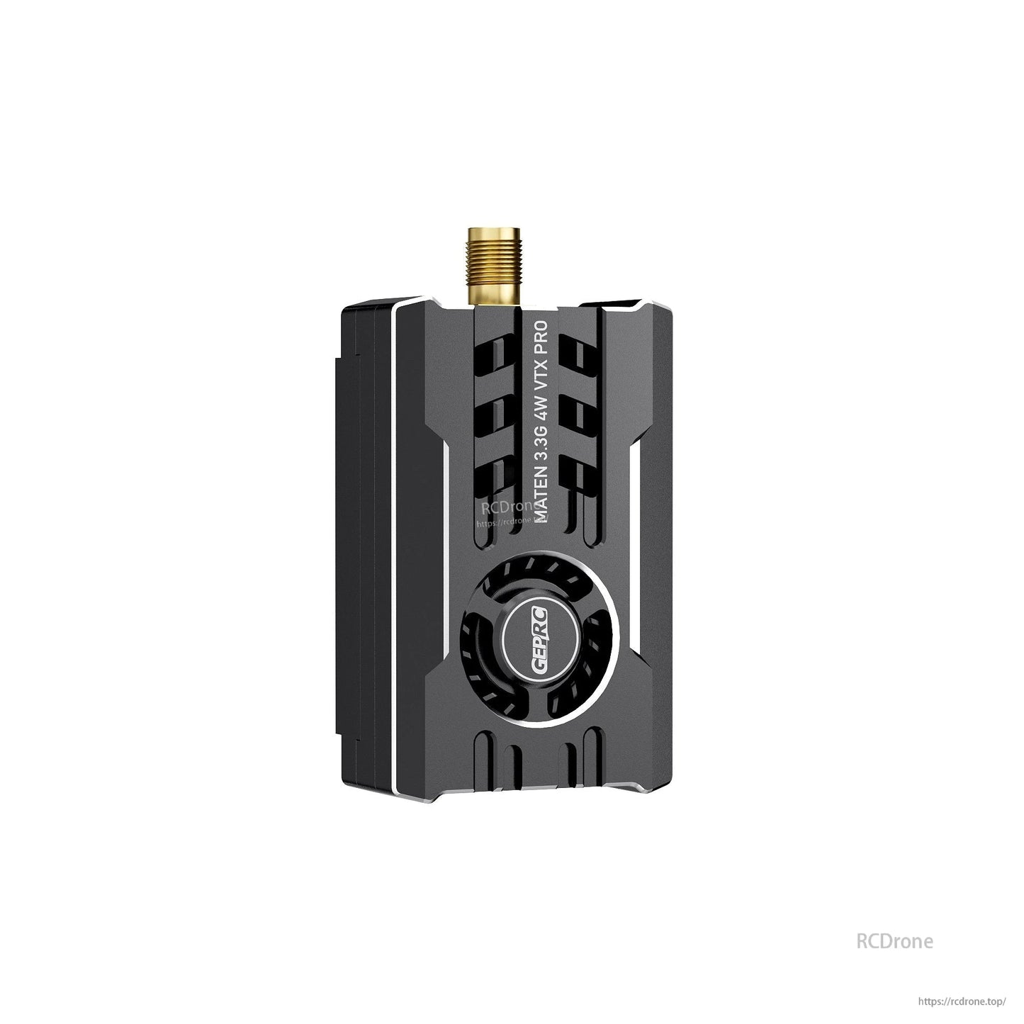 GEPRC MATEN 3.3G 4W VTX Pro video transmitter with black heatsink body, cooling fan, and top SMA antenna connector