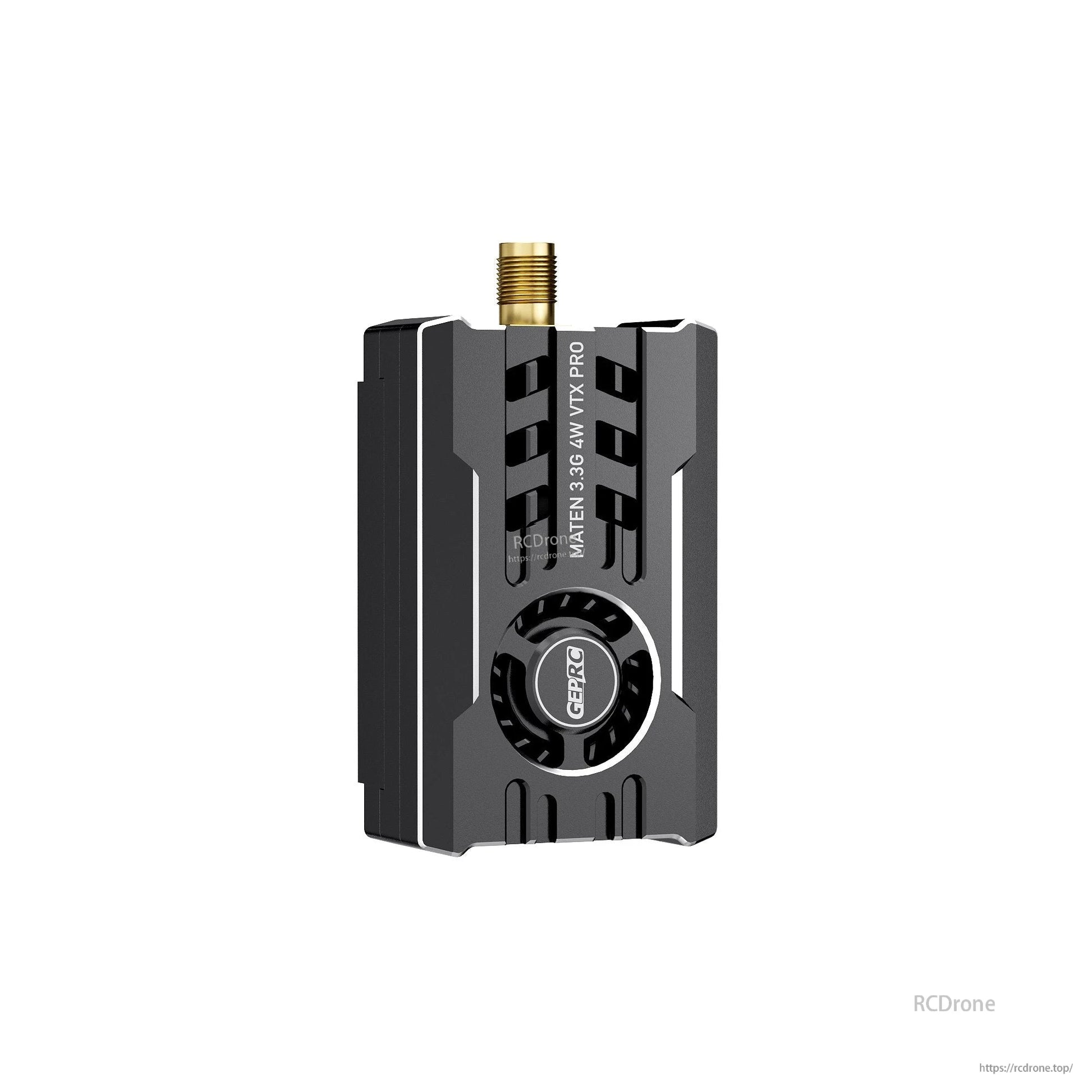 GEPRC MATEN 3.3G 4W VTX Pro video transmitter with black heatsink body, cooling fan, and top SMA antenna connector