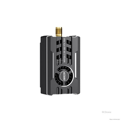 GEPRC MATEN 3.3G 4W VTX Pro video transmitter with black heatsink body, cooling fan, and top SMA antenna connector