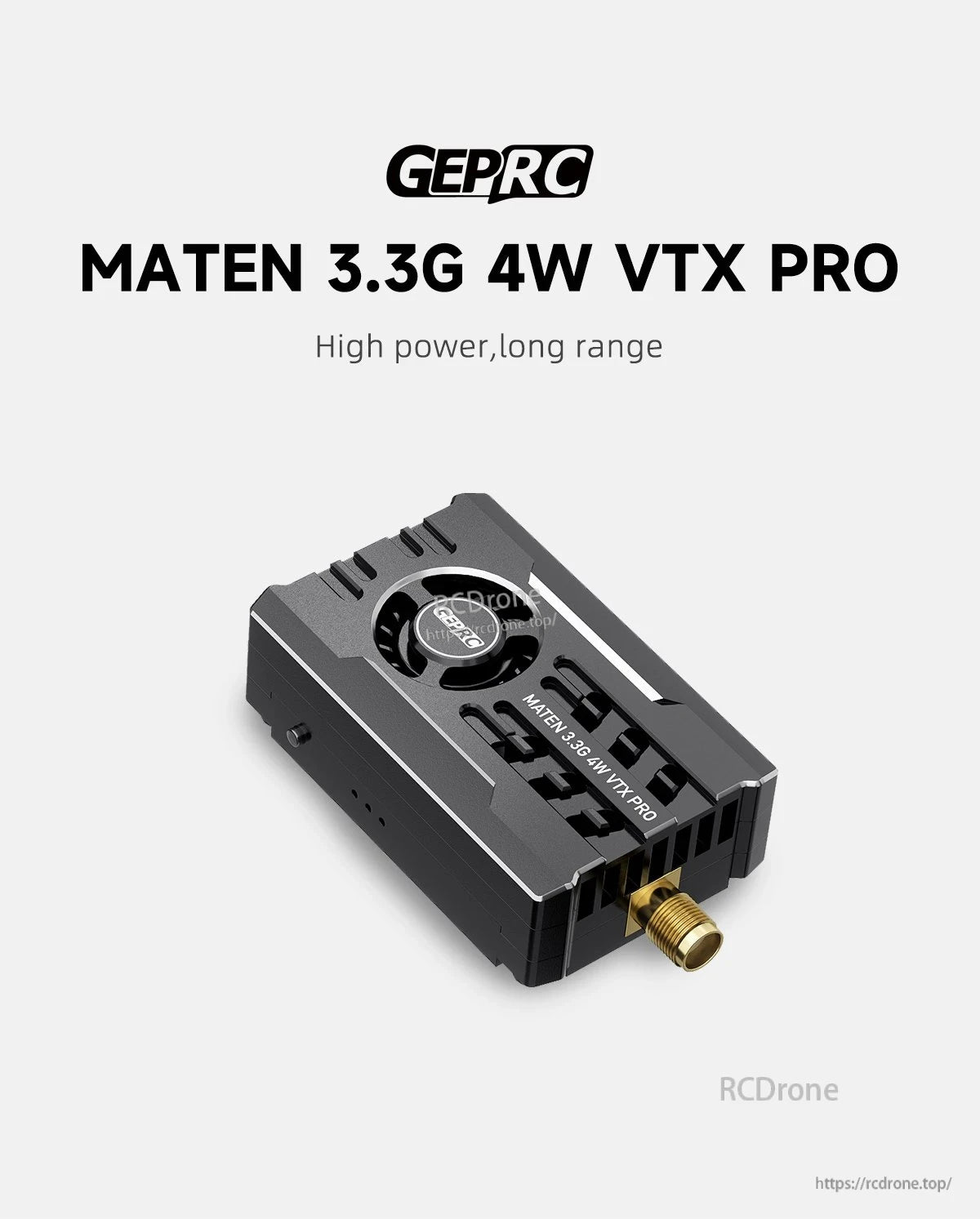 GEPRC MATEN 3.3G 4W VTX Pro video transmitter module with heatsink top fan and SMA antenna connector