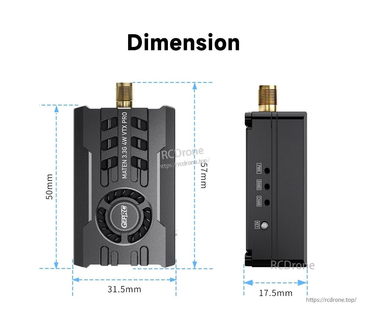 GEPRC MATEN 3.3G 4W VTX, GEPRC MATEN 3.3G 4W FPV VTX module with fan cooling and SMA antenna connector, dimensions 57×31.5×17.5mm