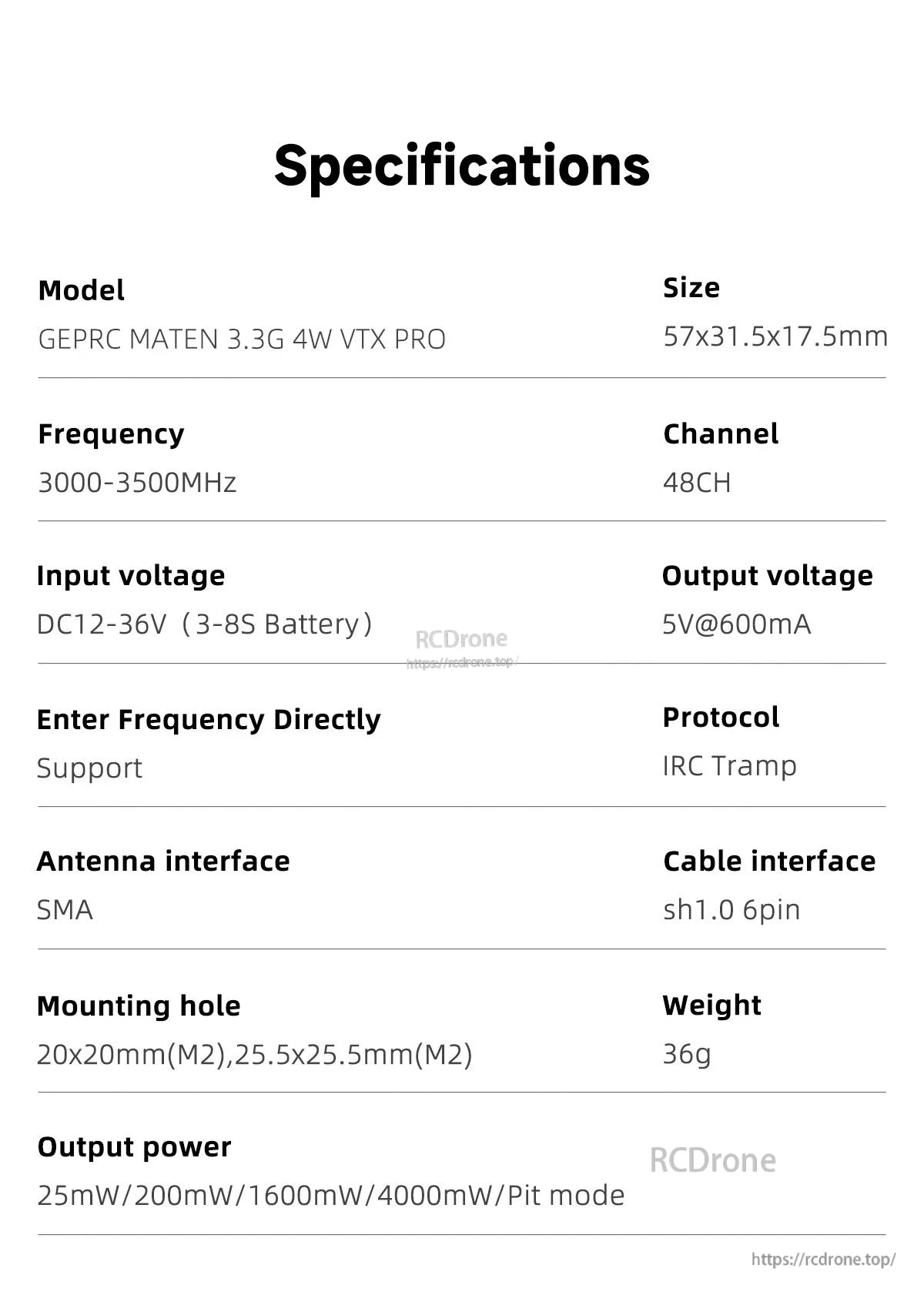 Specifications table for GEPRC MATEN 3.3G 4W VTX Pro, 57×31.5×17.5mm, 3–8S input, 48CH