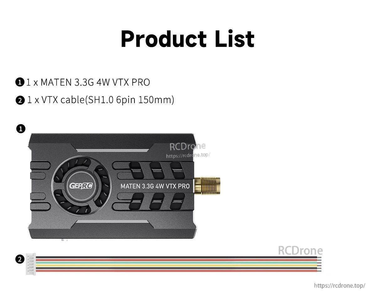 GEPRC MATEN 3.3G 4W VTX PRO video transmitter with cooling fan and SMA antenna port, plus 6-pin cable