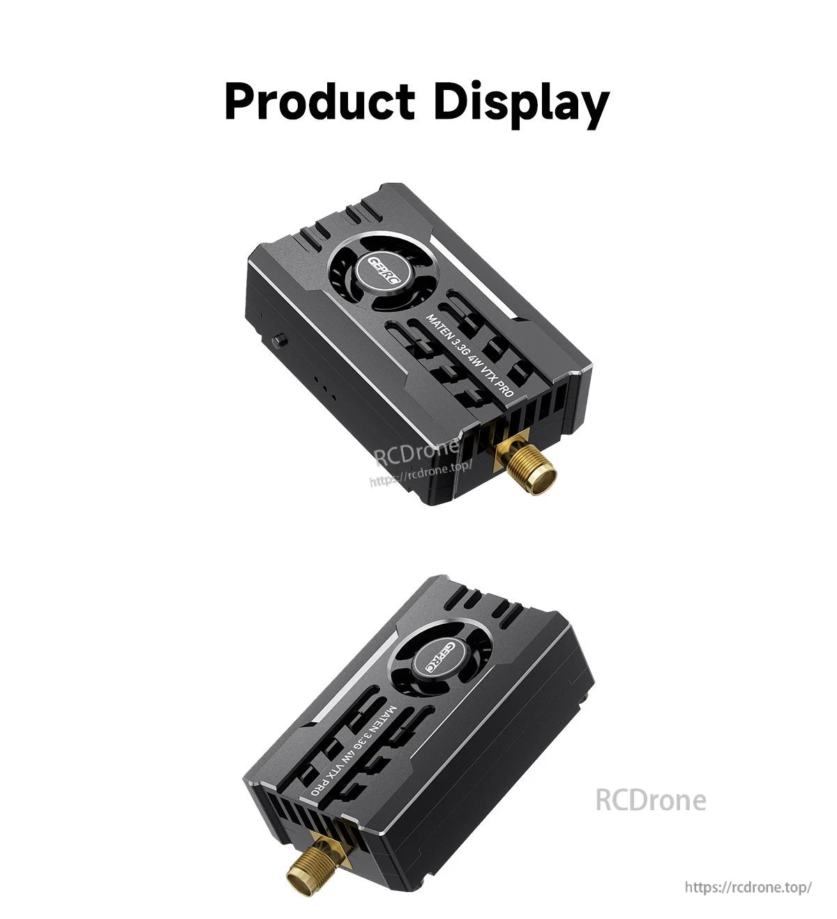 GEPRC MATEN 3.3G 4W VTX Pro video transmitter with cooling fan, metal heatsink case, and SMA antenna connector