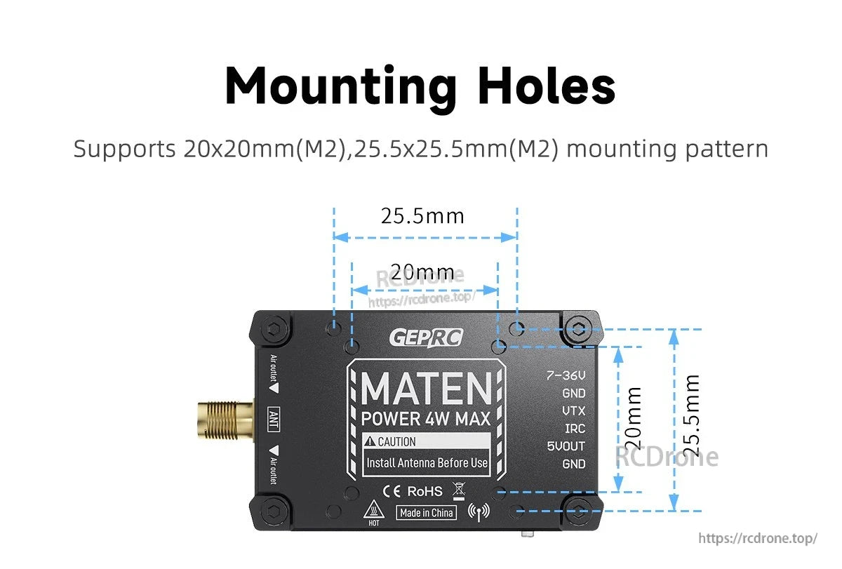 GEPRC MATEN 3.3G 4W VTX with 20x20mm and 25.5x25.5mm (M2) mounting hole spacing diagram