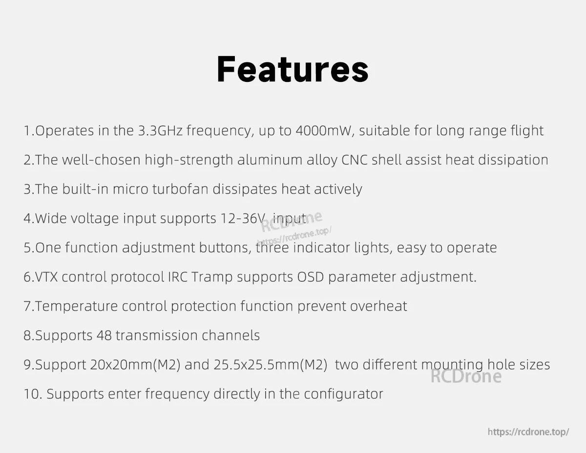 GEPRC MATEN 3.3G 4W VTX feature list: 3.3GHz up to 4000mW, 12–36V input, IRC Tramp, 48 channels