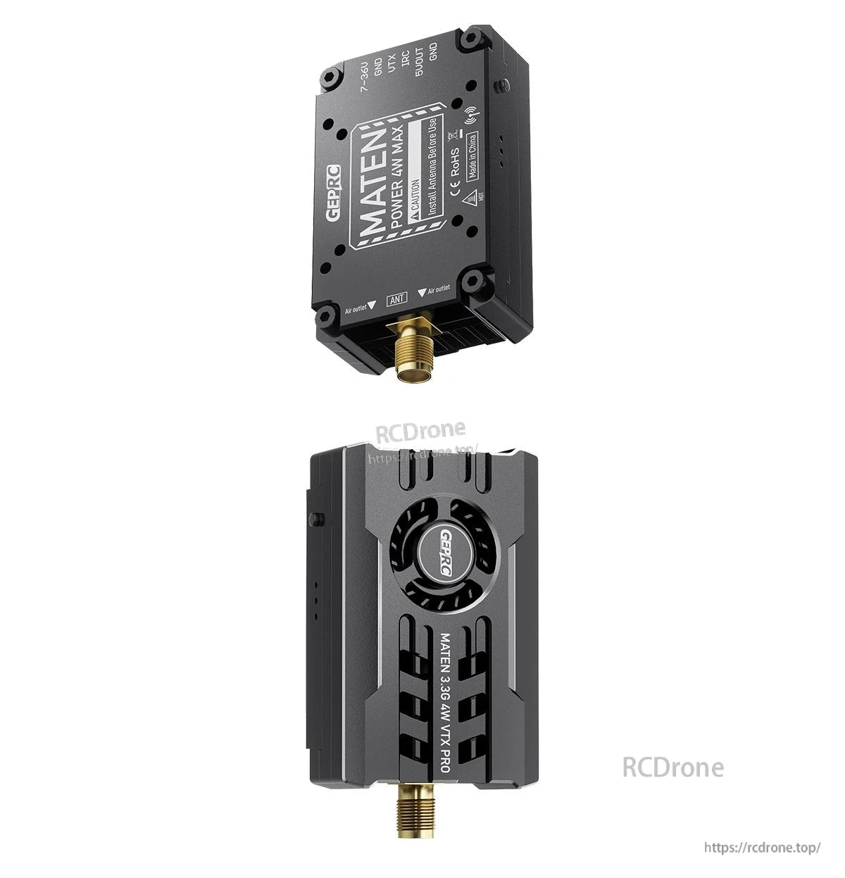 GEPRC MATEN 3.3G 4W VTX Pro FPV video transmitter with cooling fan, SMA antenna connector, and labeled wiring pads