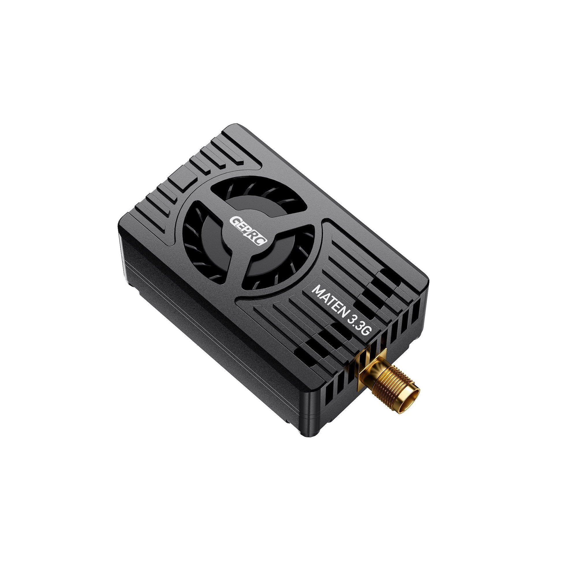 GEPRC MATEN 3.3G 5W VTX, GEPRC MATEN 3.3G FPV video transmitter with built-in cooling fan, finned black case, and SMA antenna connector