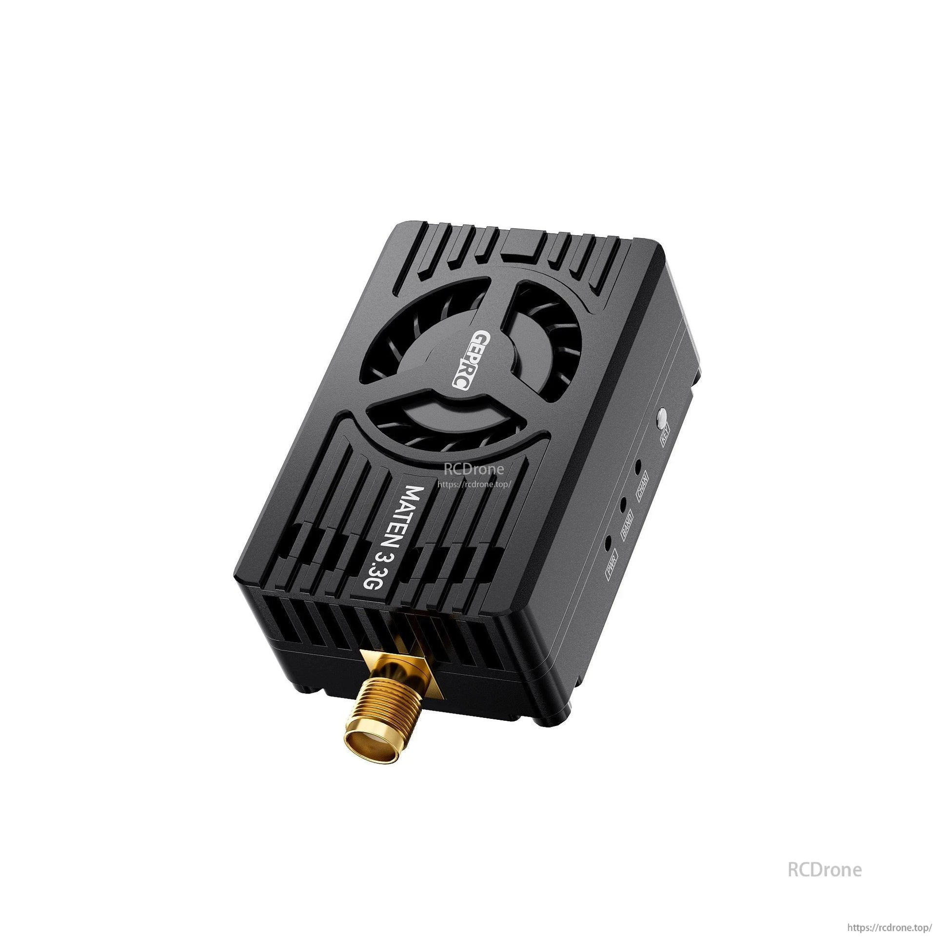 GEPRC MATEN 3.3G 5W VTX, GEPRC MATEN 3.3G FPV VTX module with finned heatsink, built-in cooling fan, and SMA antenna connector