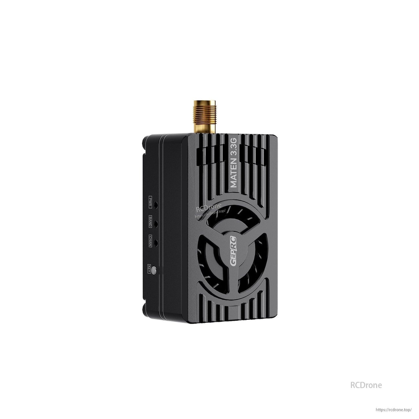 GEPRC MATEN 3.3G 5W VTX, GEPRC MATEN 3.3G FPV video transmitter with SMA antenna connector, cooling fan, and side control buttons