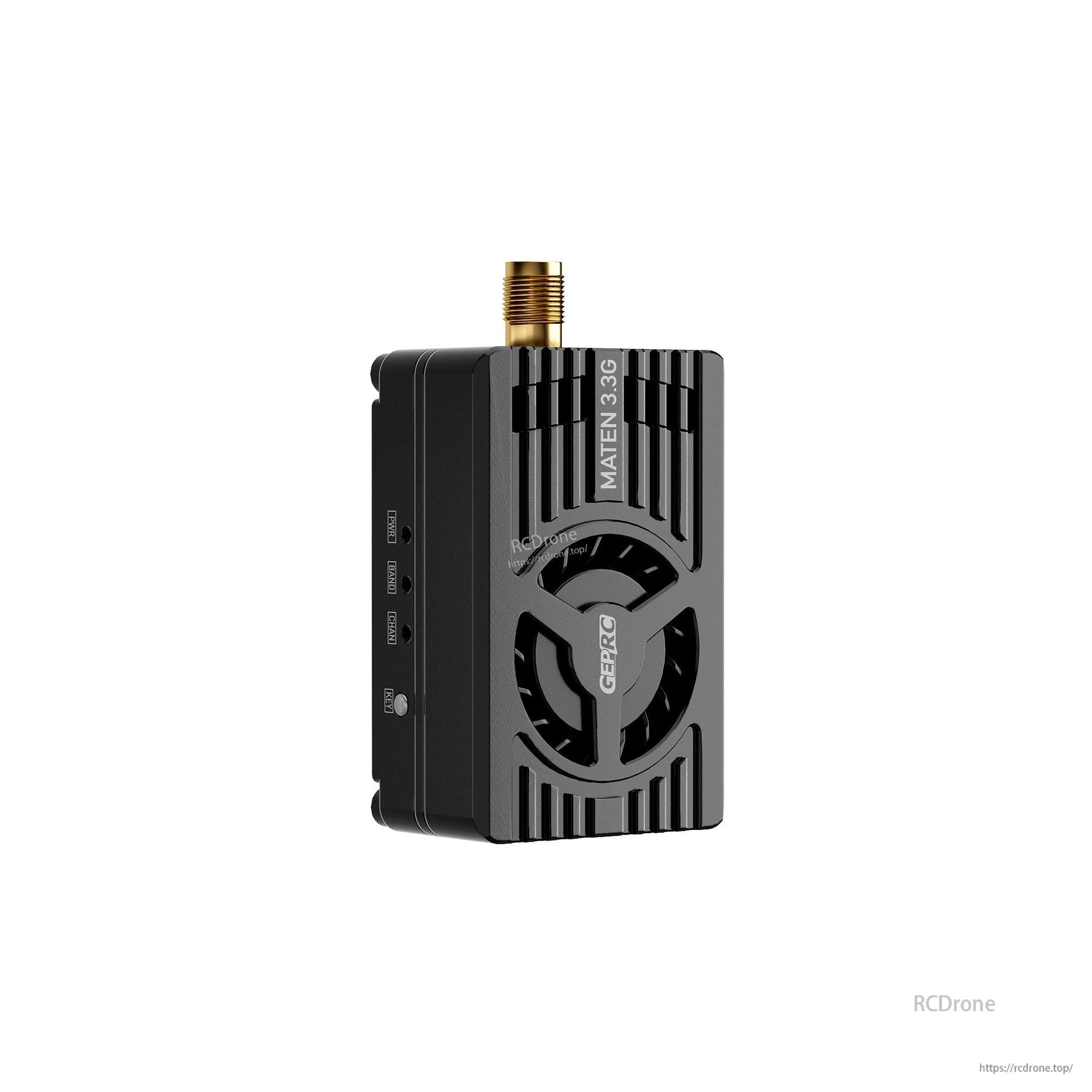 GEPRC MATEN 3.3G 5W VTX, GEPRC MATEN 3.3G FPV video transmitter with SMA antenna connector, cooling fan, and side control buttons