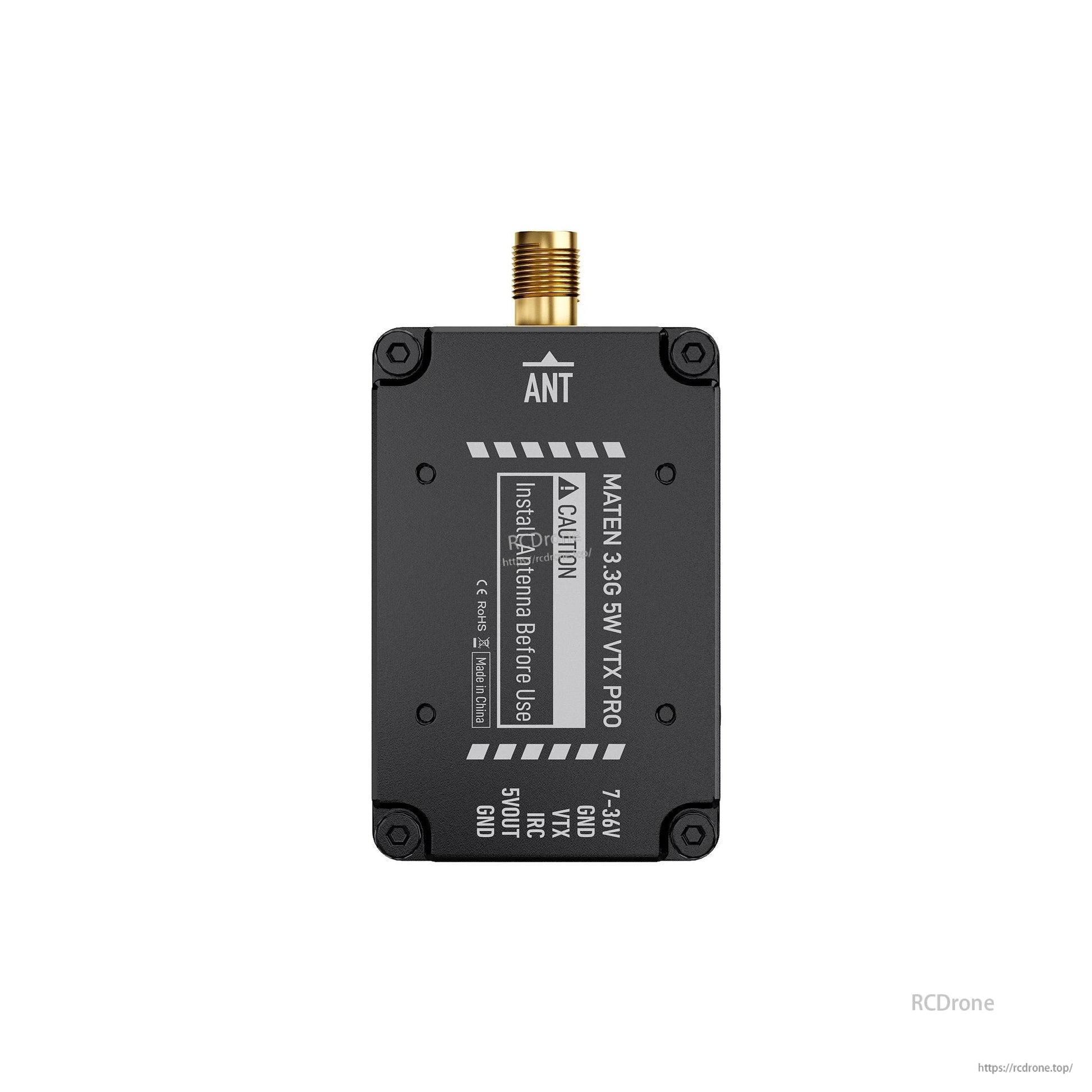 GEPRC MATEN 3.3G 5W VTX Pro module with top antenna connector and labeled 7–36V, VTX, IRC and 5V pads