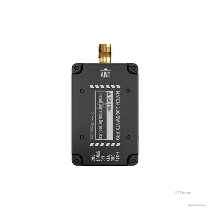 GEPRC MATEN 3.3G 5W VTX Pro module with top antenna connector and labeled 7–36V, VTX, IRC and 5V pads