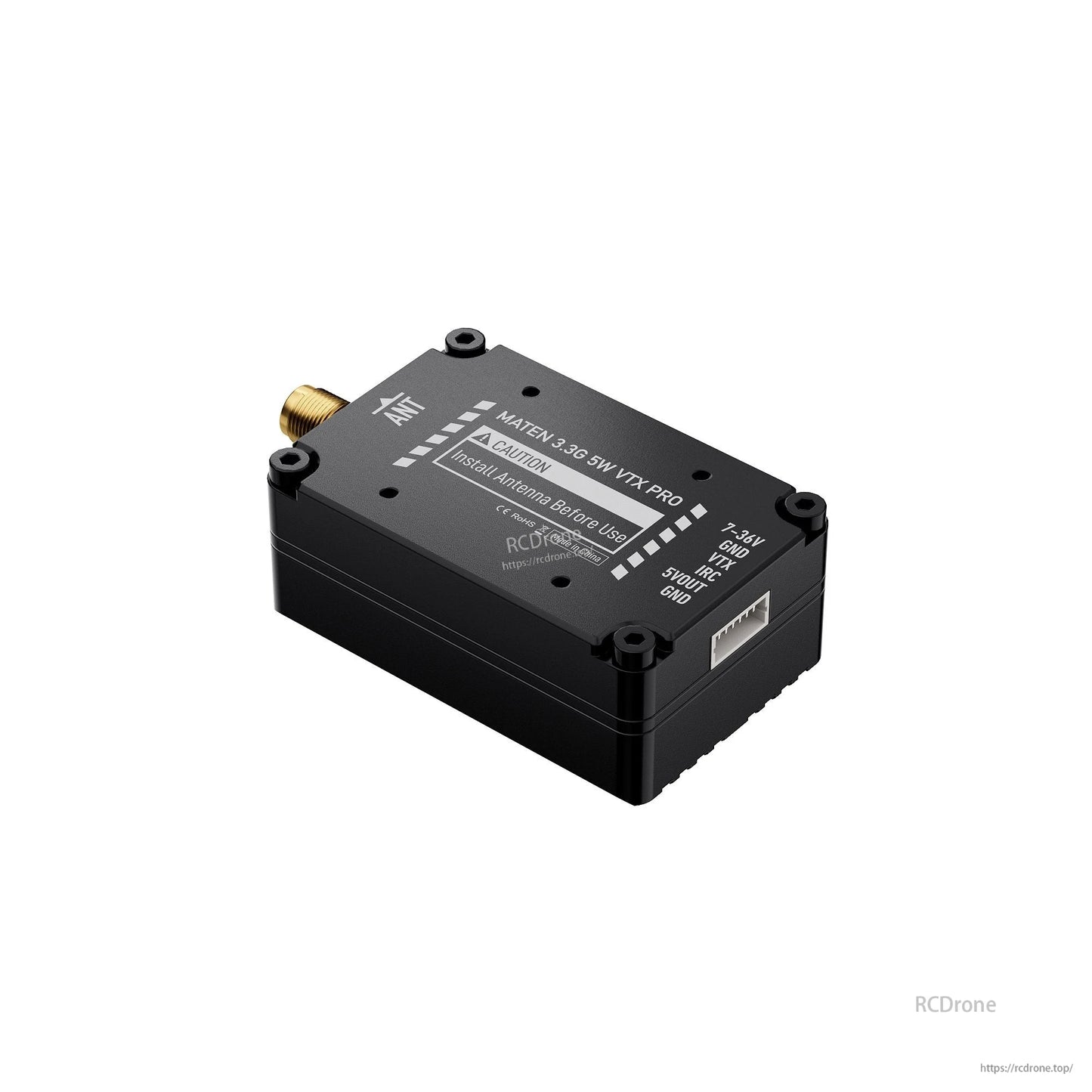 GEPRC MATEN 3.3G 5W VTX module with SMA antenna port and 6-pin connector labeled 7–36V, VTX, IRC, 5VOUT