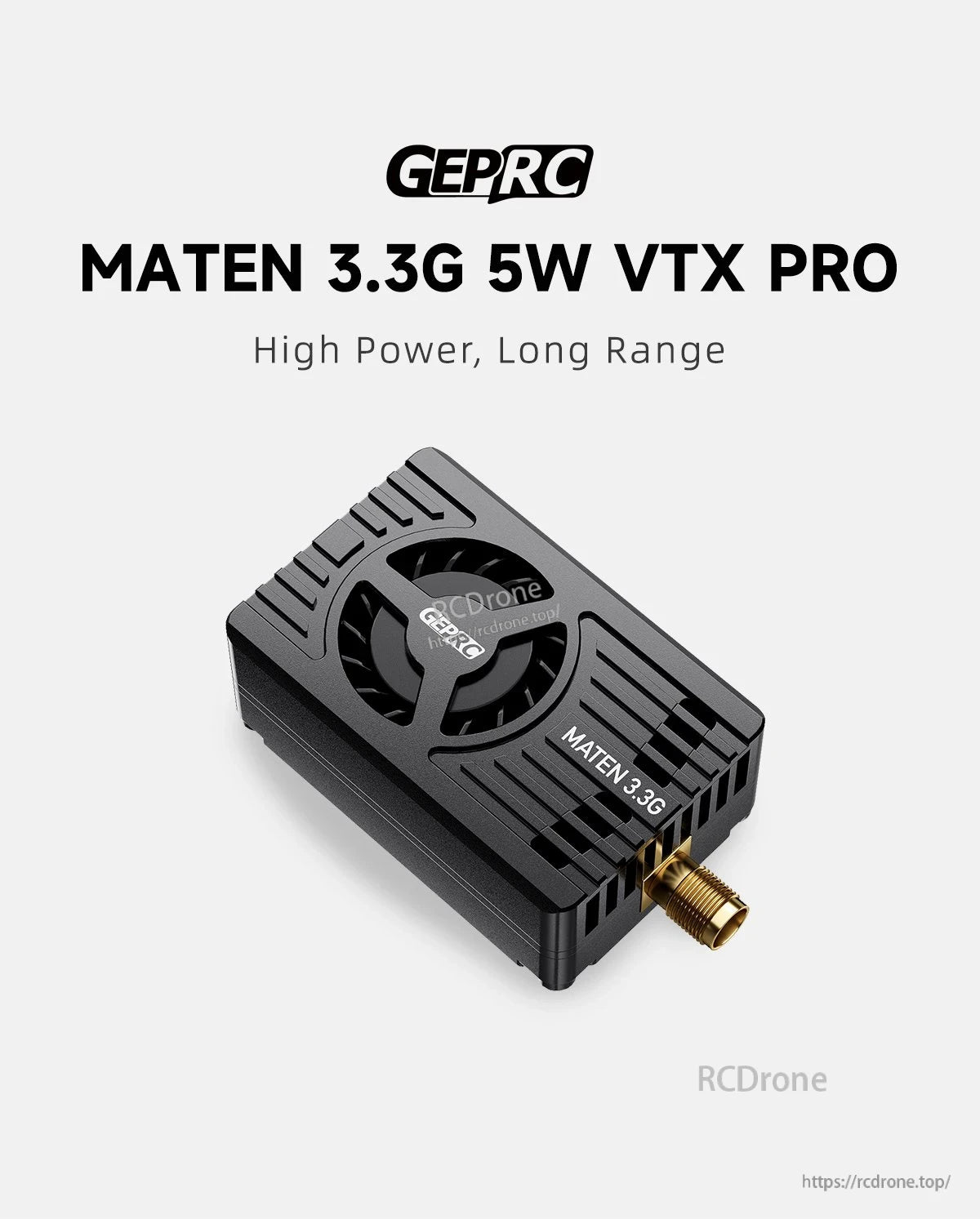 GEPRC MATEN 3.3G 5W VTX Pro video transmitter with cooling fan heatsink and SMA antenna connector