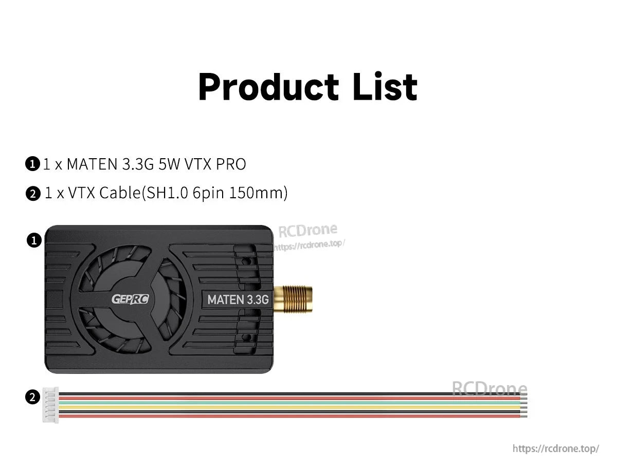 GEPRC MATEN 3.3G 5W VTX module with cooling fan and SMA antenna connector, plus 6-pin SH1.0 cable