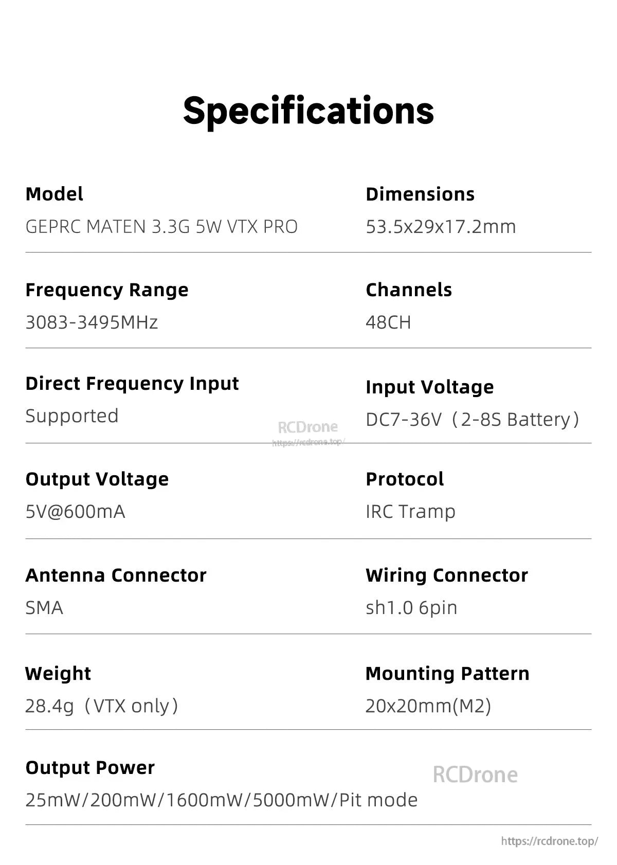 Specifications table for GEPRC MATEN 3.3G 5W VTX Pro, 3083–3495MHz, 48CH, DC7–36V input, SMA