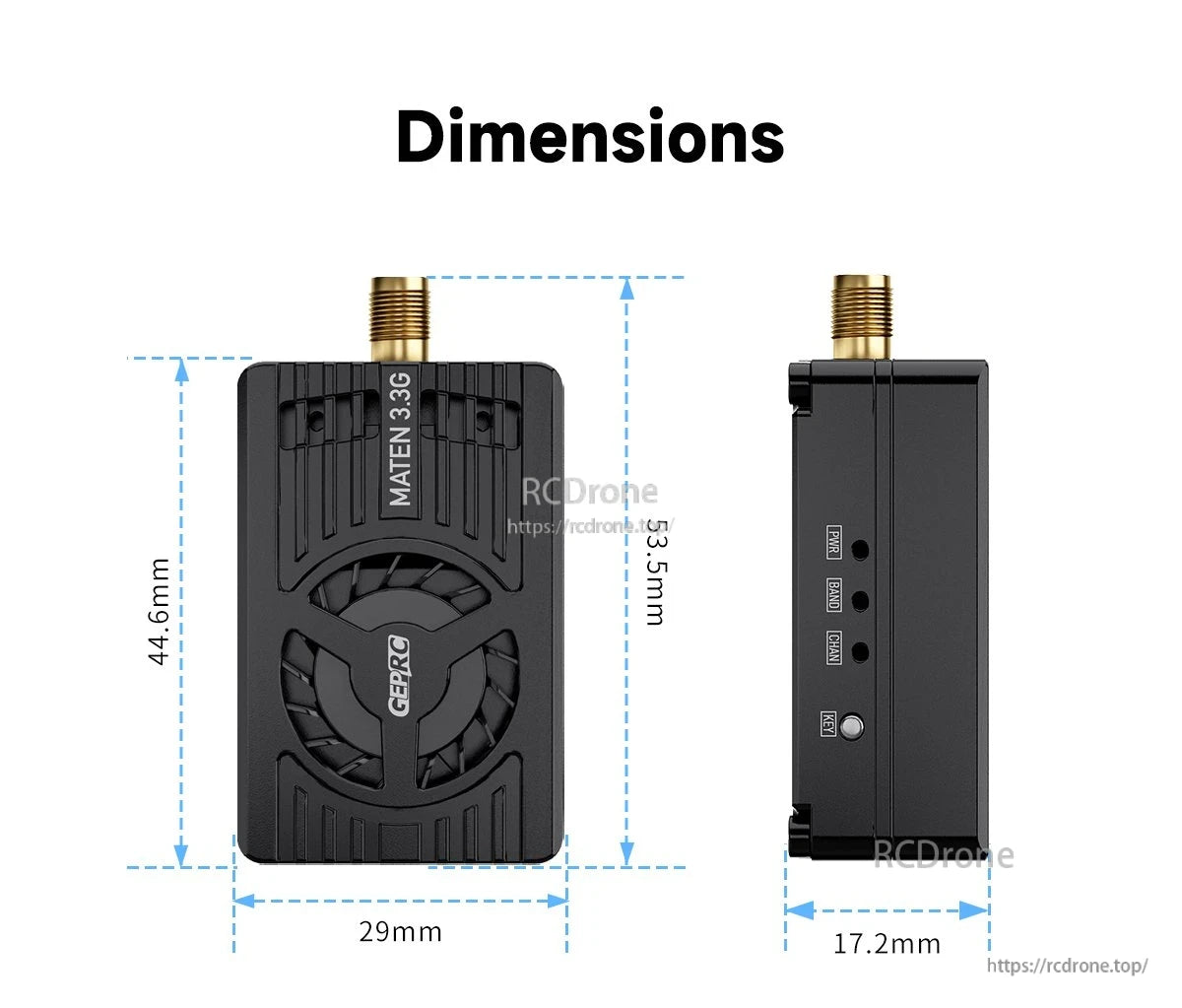 GEPRC MATEN 3.3G 5W VTX, GEPRC MATEN 3.3G VTX dimensions diagram showing 53.5mm height, 29mm width, 17.2mm thickness and button layout