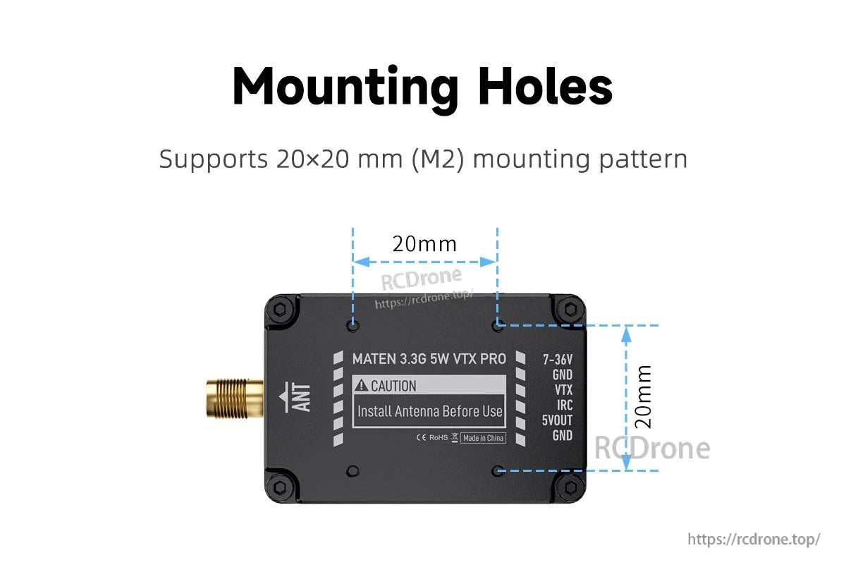 GEPRC MATEN 3.3G 5W VTX module with SMA antenna connector and 20x20mm (M2) mounting hole pattern