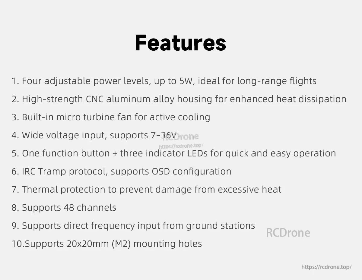 GEPRC MATEN 3.3G 5W VTX feature list showing 7–36V input, IRC Tramp, 48 channels, and 20×20mm mounting
